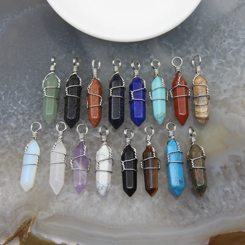 1pcs Natural Stones Hexagon Pointed Handmade Wire Wrap Pendants Reiki Chakra Quartz Healing Crystal Pendulo DIY Jewelry Gift