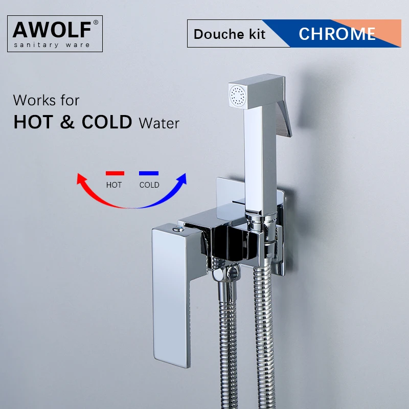 

Awolf Solid Brass Toilet Bidet Sprayer Chrome Square Hygienic Shower Hot And Cold Bathroom Toilet Shower Douchette WC AP2240