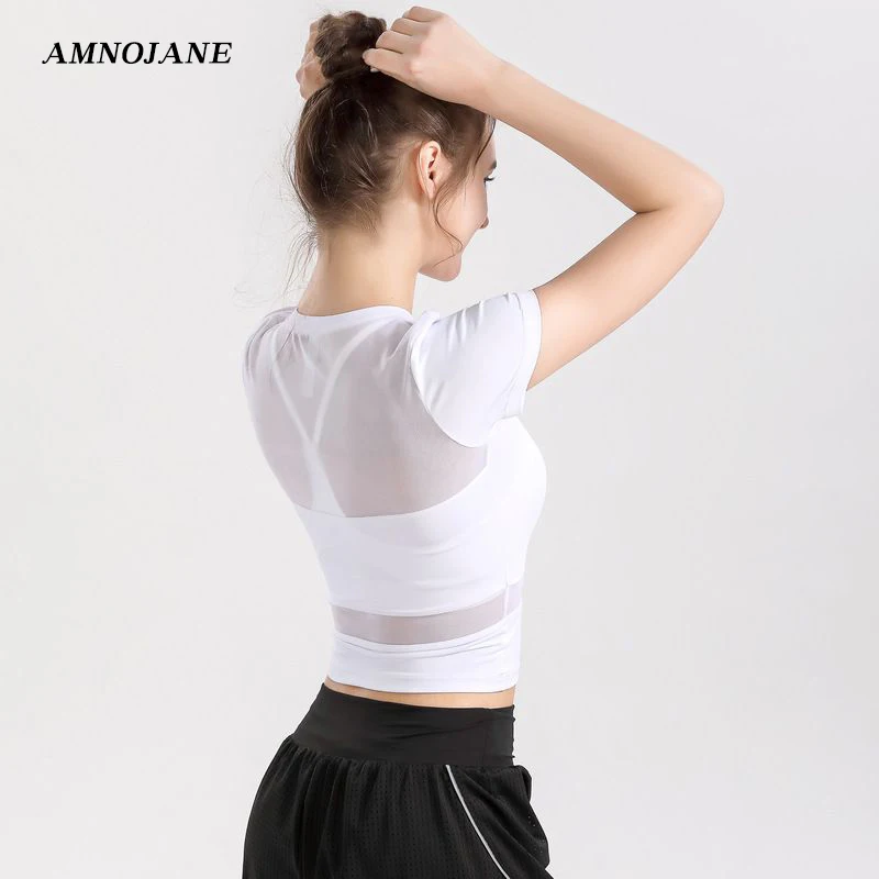 

Yoga Shirts Top Sexy Tight Shirt Women Short Sleeve T-shirts Fitness Blouse Gym Workout Mesh Tops White Black See-Through Summer