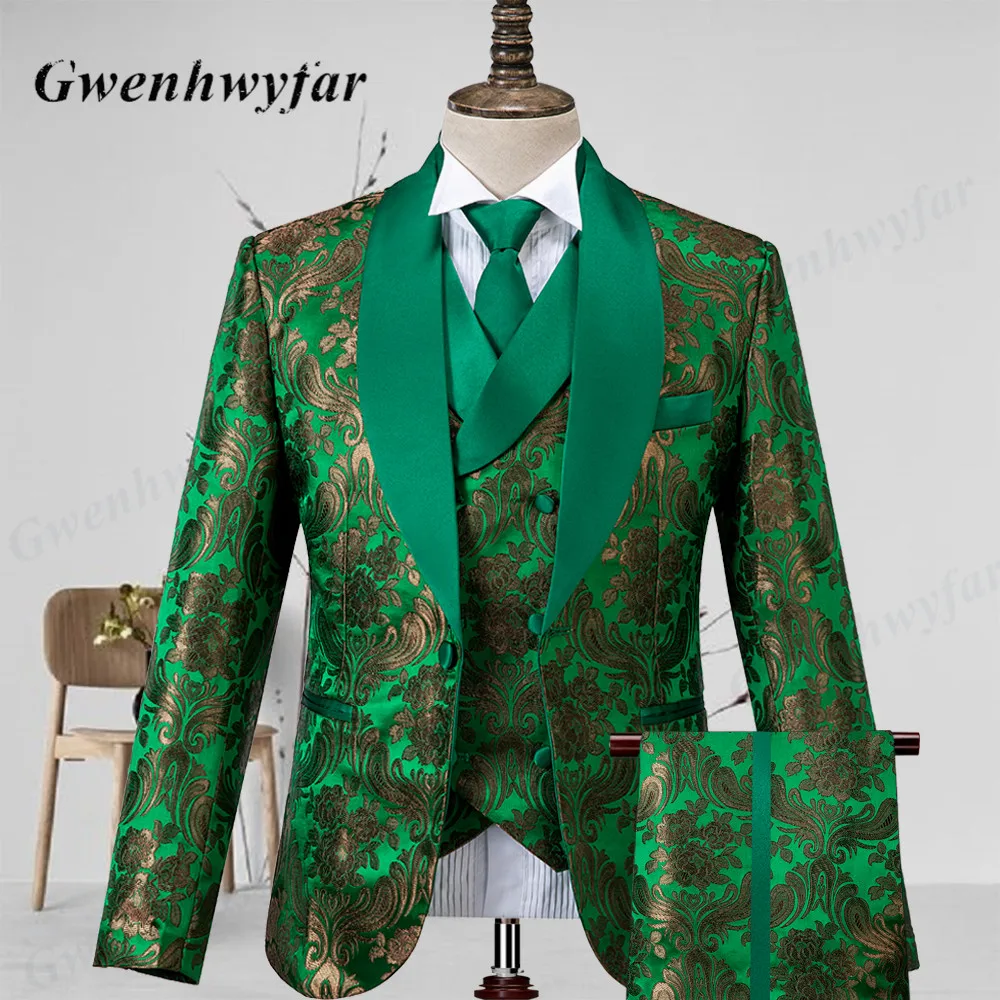 Gwenhwyfar Star Green Pattern Fabric Men Suits 2026 Tailor-made Groomsmen Best Man Tuxedos Suit with Gold Loquat Flower 3 Pieces