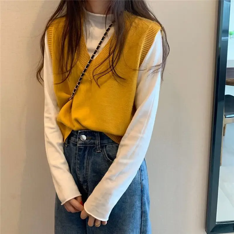 Sweater Vest Women Solid Autumn Winter All-match Leisure Outerwear Knitted V-Neck Sleeveless Female Elegant Chic Simple Harajuku