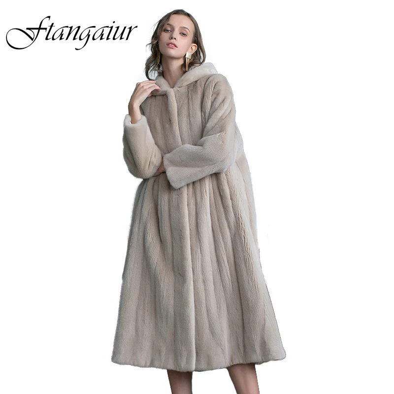 

Ftangaiur Winter Import Copenhagen Import Velvet Mink Fur Coat With Fur Hood Jacket Women's X-Long Big Loss Real Mink Fur Coats