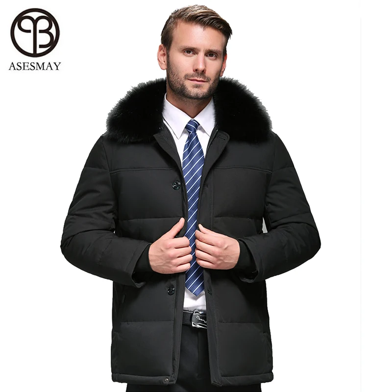 Asesmay brand white duck down men‘s winter jacket thick men coats smart casual style real fur detachable male long winter prakas