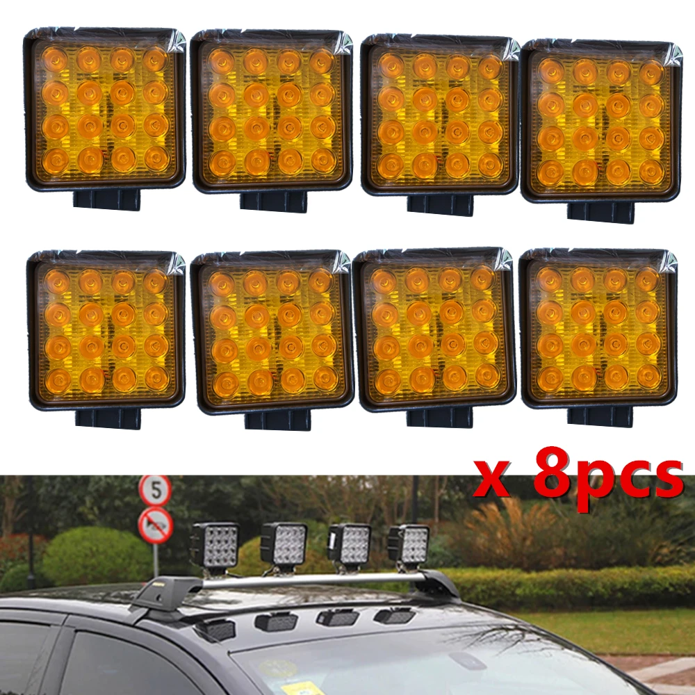 8pcs 4 inch 48W Square Led Work Light Offroad Fog Light Truck Boat Car Amber Yellow Lighting for Tractor ATV 4X4 12V 24V