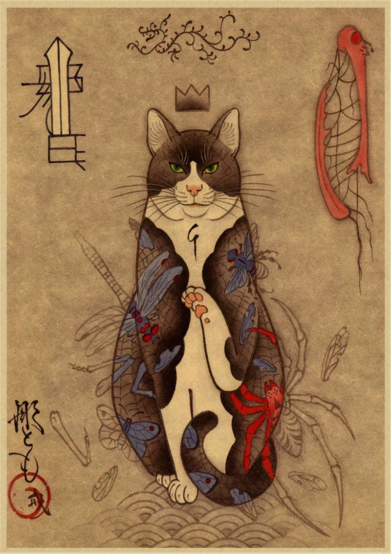 Póster de arte retro para decoración de sala de estar, arte de pared, carteles de pintura, tatuaje de gato samurái japonés, kraft, dormitorio