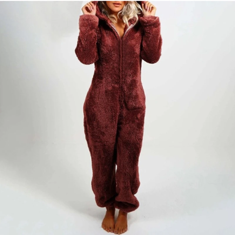 Mulheres lã quente de pelúcia com capuz pijamas macacão outono inverno cor sólida manga longa casual pijamas homewear