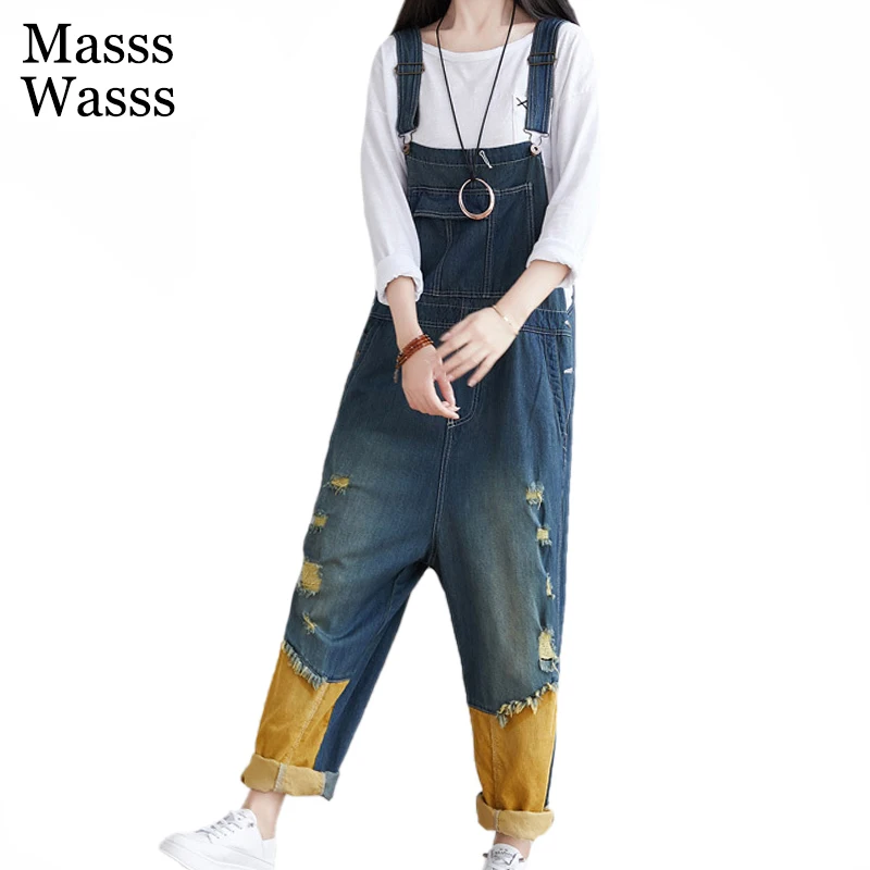 Masss Wasss 2021 Designer Fashion Womens Vintage Patchwork Overalls Ladies Ripped Denim Pantalons Female Punk Trousers Big Size