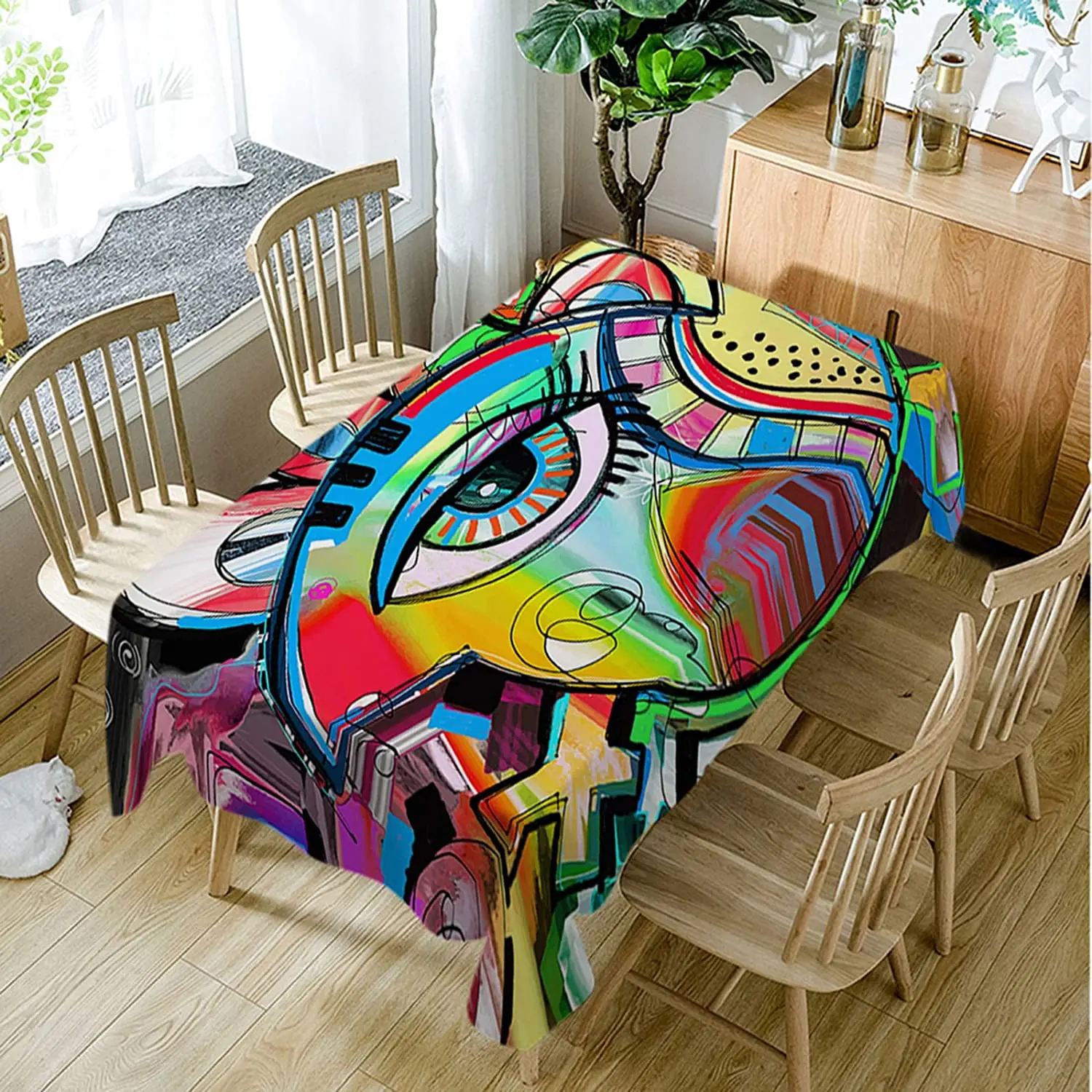 Colorful Doodle Bird Music Disc Art Paint Brush Table Covers