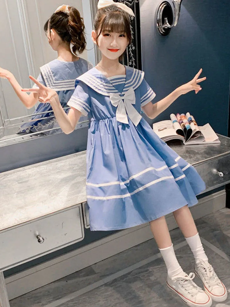 2021 New Summer Girls Naval Style Dresses Cotton Children Striped With Bow Clothes Students Dresses Infant Baby Clothes 2-14Y