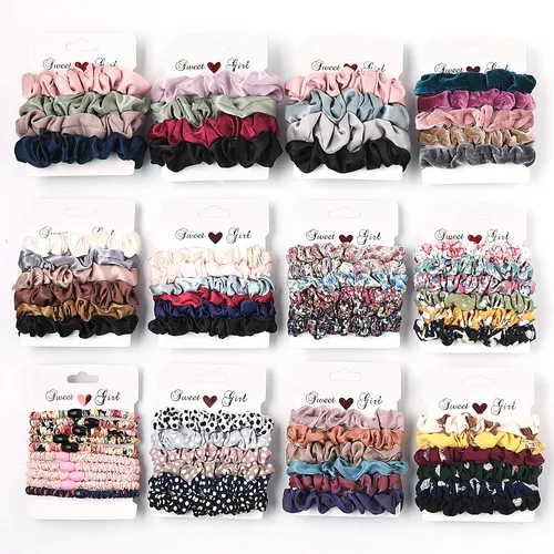 Imagen 1 del producto Scrunchies de seda con estampado para mujer, gomas elásticas para el pelo de Color liso, accesorios para el cabello, 3/4/6 piezas
