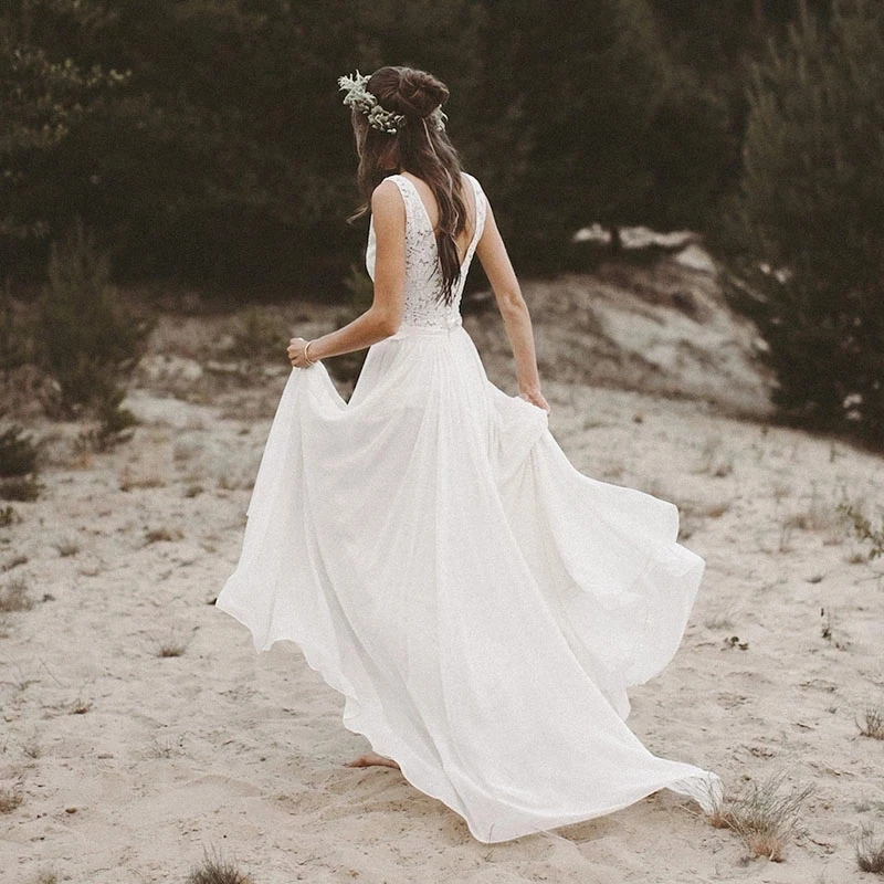 FDHAOLU-Robe de mariée de plage, col en V, manches cape, jupe trapèze en mousseline de soie, haut en dentelle, dos ouvert, robe de mariée Boho