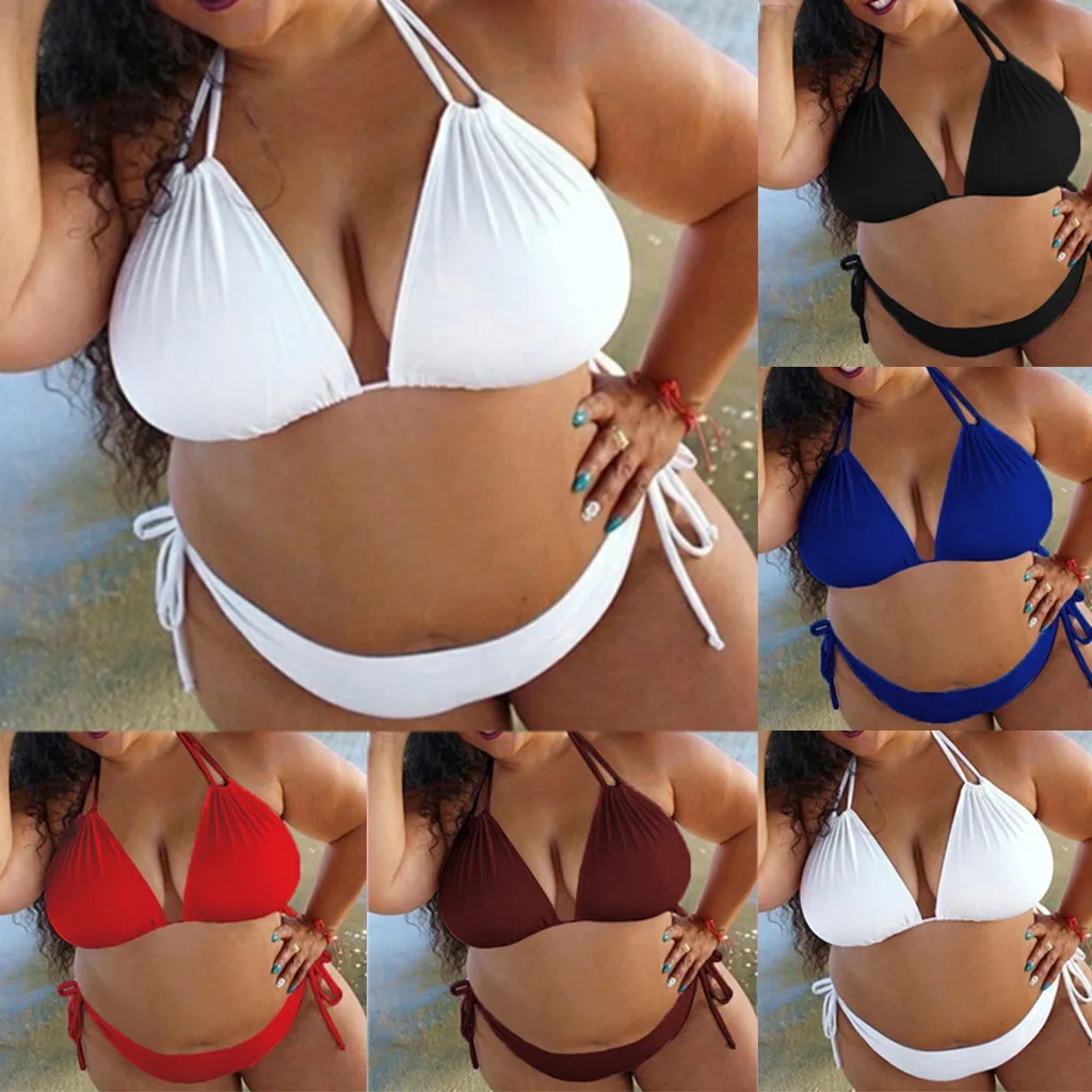 Sexy Plus Size Swimsuit Bikini Set Women Solid Color Lace-Up Halter Swimming Suit Bikinis Solid Black White Wine Red Swimwear