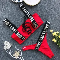 Conjunto de biquíni vermelho sexy para mulheres, carta com renda para cima, atadura, roupa de banho de cintura baixa, maiô acolchoado, maiô de praia, natação, novo, 2022