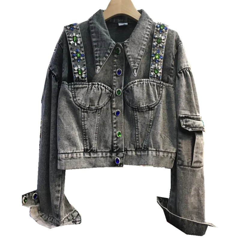 

2023 Autumn New Beaded Diamond Retro Fake Two-piece Short Denim Jacket Women Fashion Loose Dark Gray Full Sleeves Jean Coat Tops