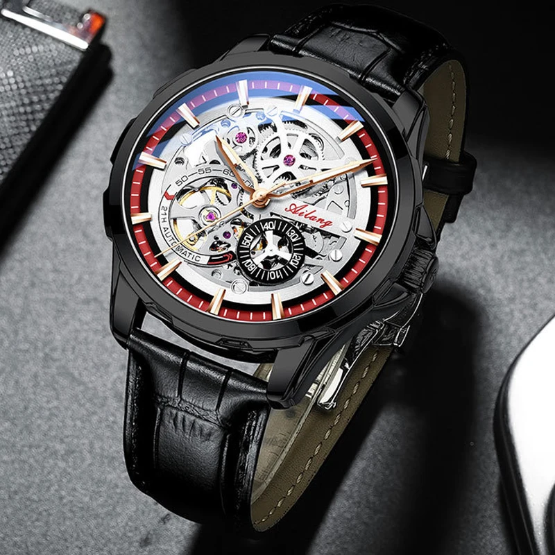 AILANG Men Watches Fashion Business Automatic Mechanical Watch Men Casual Genuine Leather Waterproof Watch Relogio