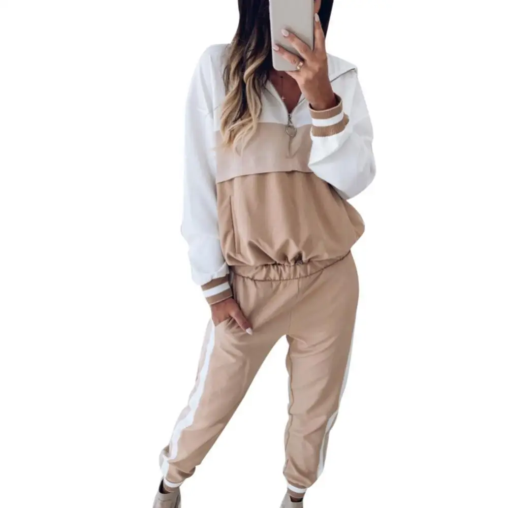 

2Pcs Sport Women Color Block Zip Hoodie Elastic Waist Ankle Tied Pants Tracksuit