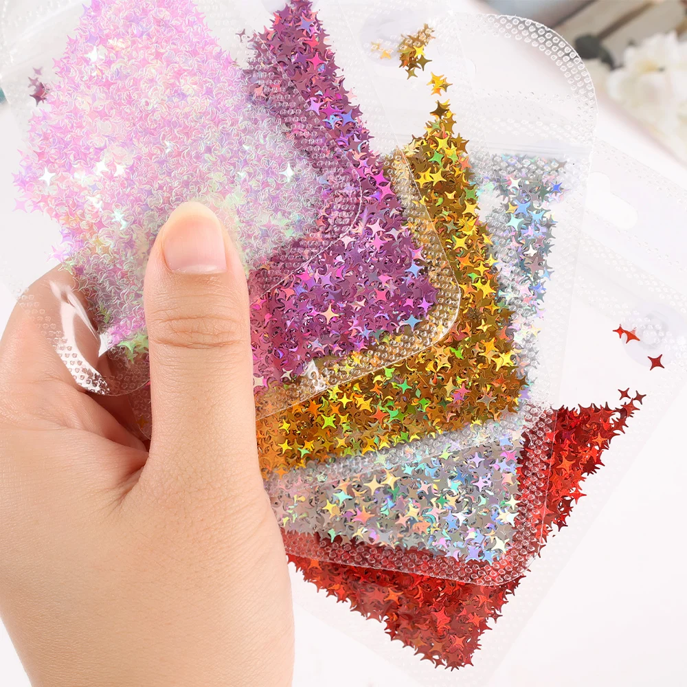 3D Holographic Nail Star Sequins Glitter Colored Four-pointed Stars Laser Nail Glitter Sequins Nail Art Decoration Accessories