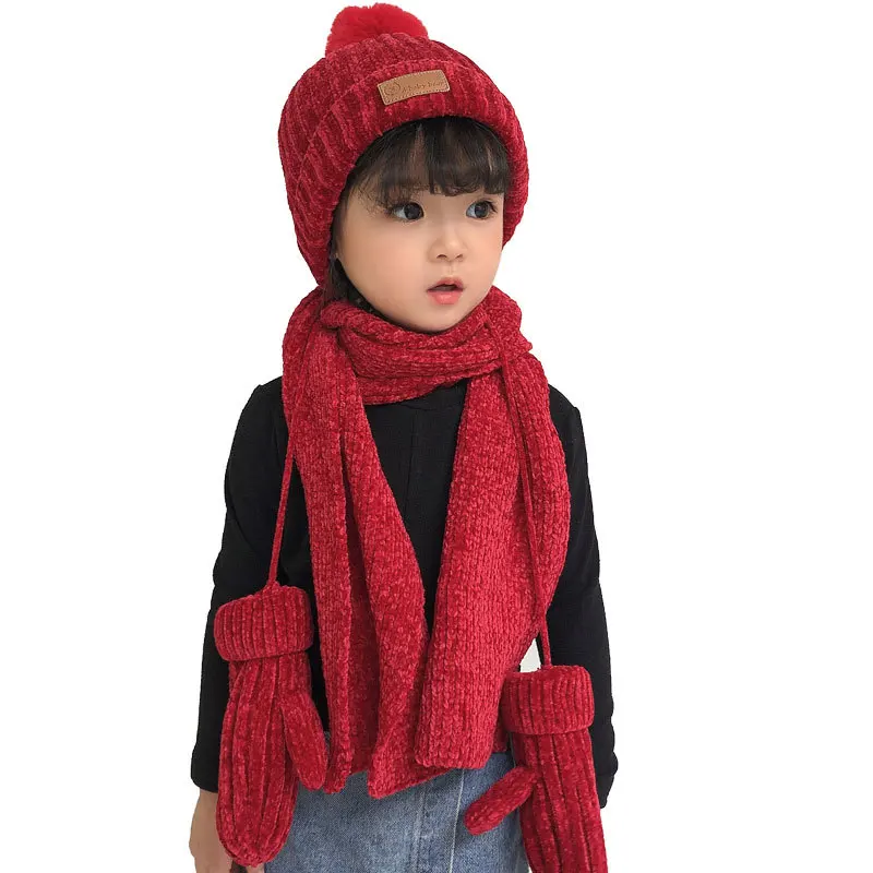 3 PCS Plush Scarf Hat Glove Set For Kid Winter Thicken Cold-Proof Hat Scarves Flocking Warm Gloves Scarves Boy Girls Scarf Set