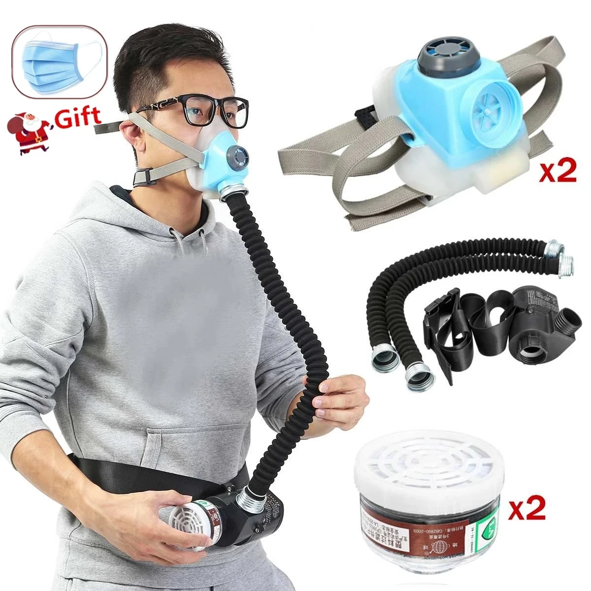 

2 Pcs Electric Constant Flow Air Supplied Fed Respirator Half Face Gas Mask Pump 2 Pipe Respirator Respirator-System-Device Gas