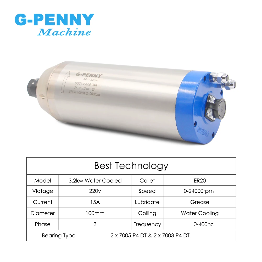 G-Penny 3.2kw Water Cooled Spindle Motor 4 pcs Bearings 0.01mm Accuracy 220v / 380v Water Cooling 3.0kw D=100mm CNC Engraving