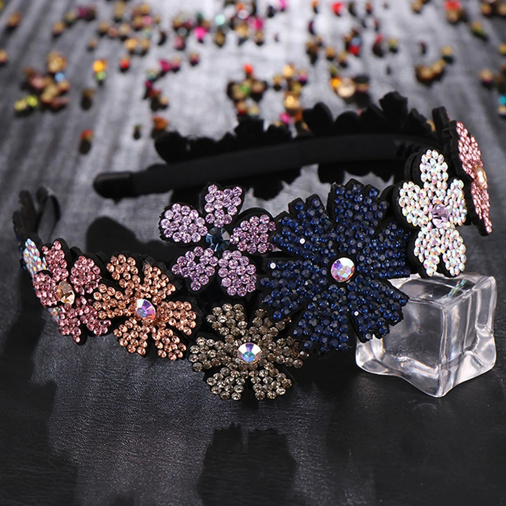 Double Flower Wide Side Head Wear Luxury Headband for Women Rhinestone Non-slip Border Girls Hairpin Fancy Hair Accessories Gift