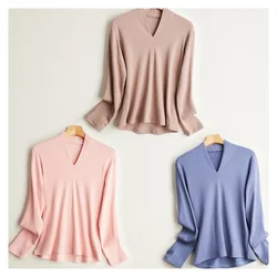 Silk Long Sleeve T-Shirt Elastic Slim Fit V-neck Pullover Thread Solid Color Mulberry Silk Brushed Women's Bottoming Shirt