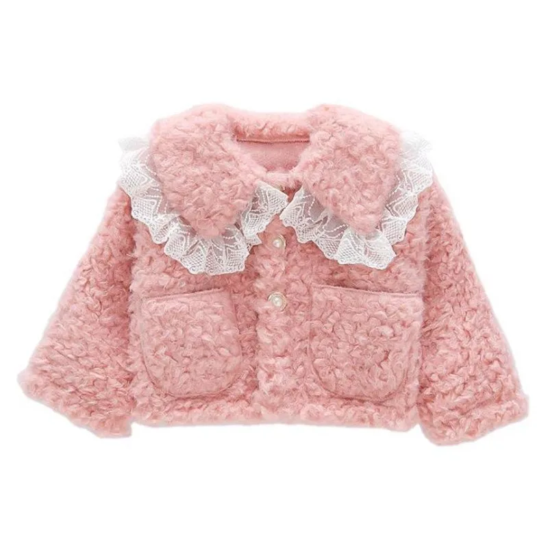 DFXD Fashion Kids Warm Clothes Girl Winter Jackets Toddler Lamb Wool Coats Fleece Lace Patchwork Pearl Buttons Children Outwear