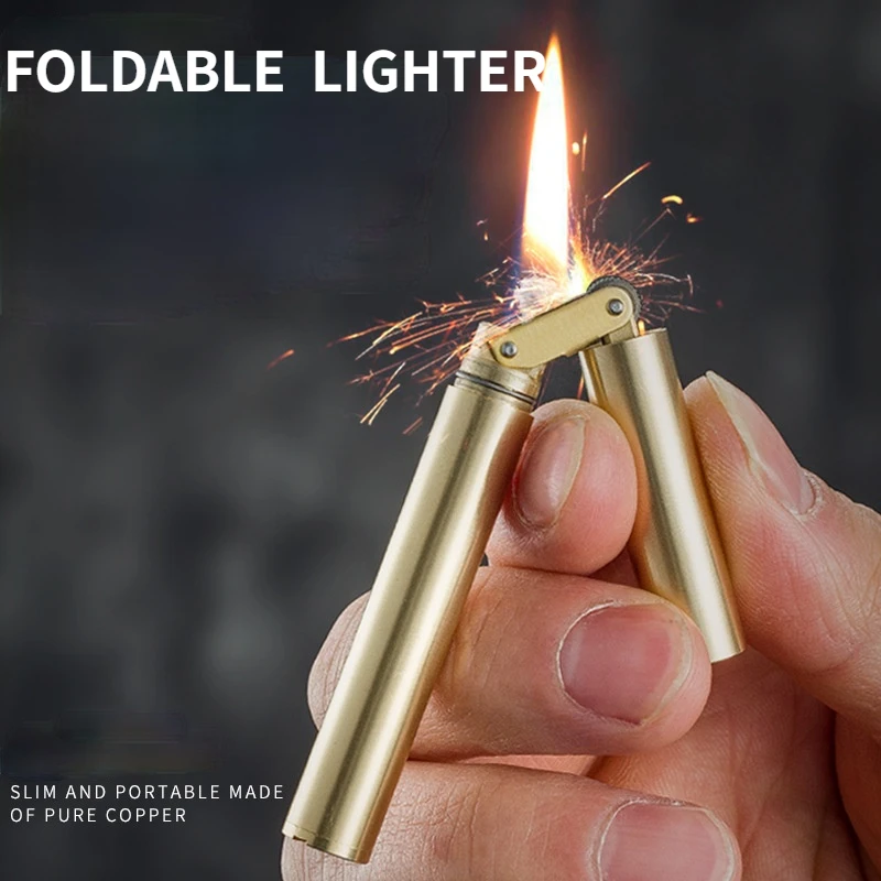 Creative Unusual Kerosene Lighter Copper Nunchaku Funny Retro Grinding Wheel Flint Lighters Foldable Mini Portable Men\'s Gift