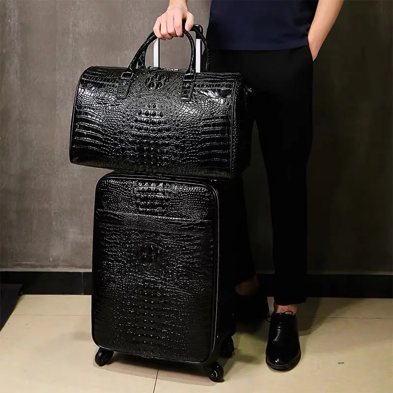 Bagage de voyage en cuir véritable avec sac à main pour homme, étui d\'embarquement, cuir de tête cirhide, roue universelle, motif crocodile, valise