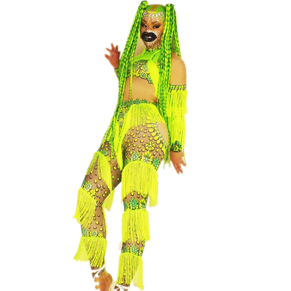 

Fluorescent Green Sexy Tassel Neck-Mounted Jumpsuits Floral Printing Theatrical Costume For Women Party Drag Queen Body Suits