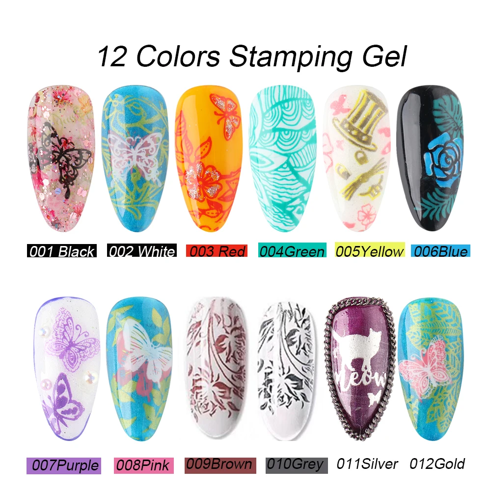 12 Colors Varnish For Stamping Black Silver Paint Gel Soak Off UV Polish Nail Art Stamp Nail Stencil For Manicure Design GL1793