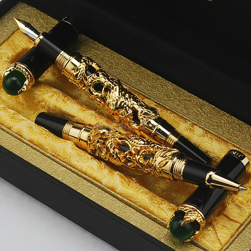 Jinhao Noble Dragon King Vintage Fountain Pen & Rolllerball Pen Green Jewelry Metal Embossing Golden Color With Gift Box