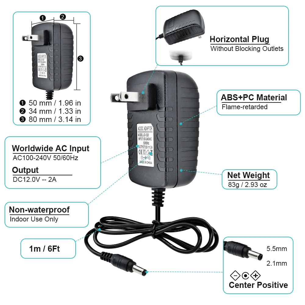 EU/US Type 100-240V AC to DC 12V 2A Power Adapter Supply Charger adapter with 1m cable 5.5X2.1MM DC Plug CCTV Camera LED Strip