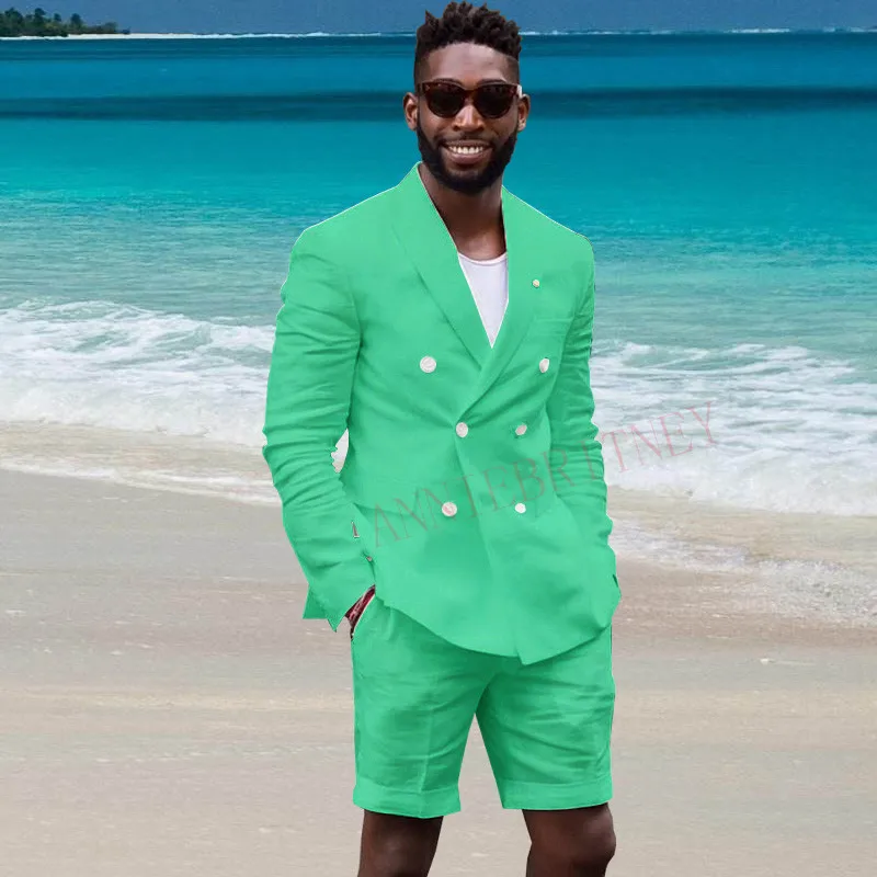 

ANNIEBRITNEY Custom Plus Size Mint Linen Men Suit With Shorts Summer Beach Groom Wedding Suits Slim fit Tuxedo Blazer with Pants