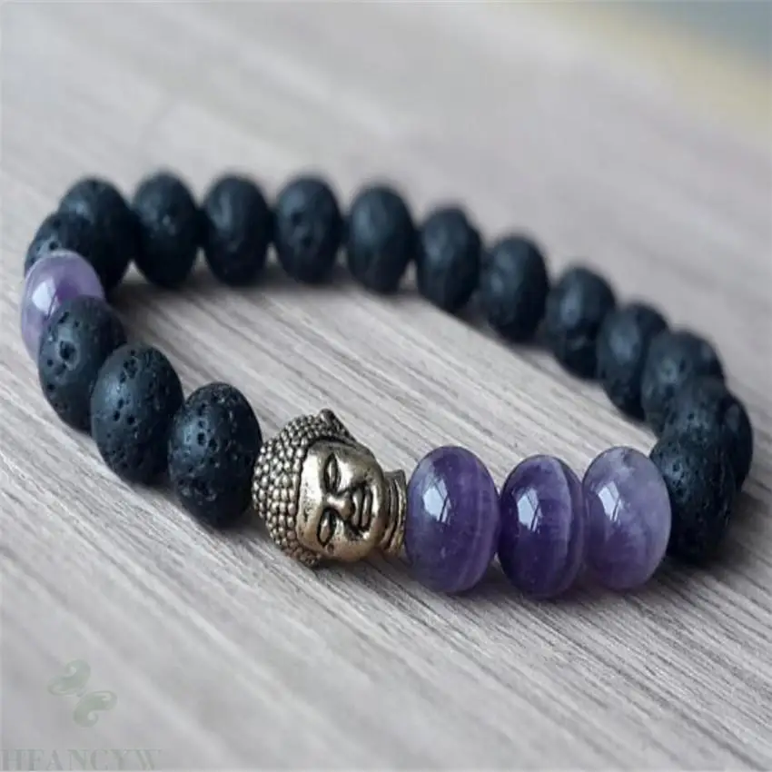 8mm Amethyst Gemstone Volcanics Mala Bracelet Men Cuff Tibet silver Buddhism 7.5inches Meditation Wrist Unisex Bless Monk Prayer