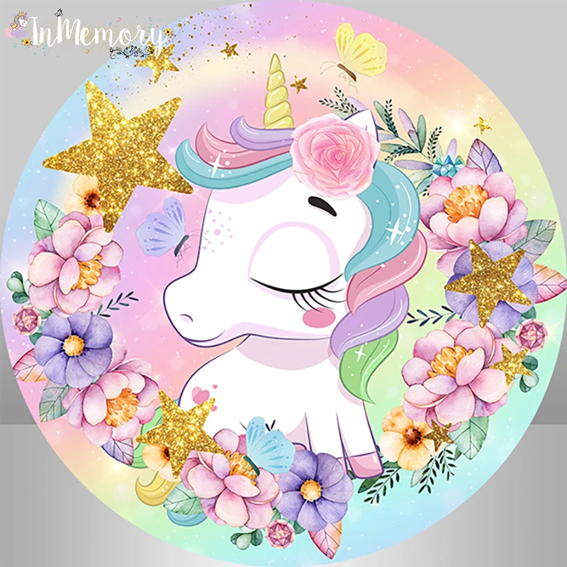 Circle Background Baby Unicorn Birthday Round Backdrop Rainbow Gold Star Flower Kids Birthday Party Decor Table Cylinder Cover