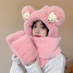 Gorro de oso para mujer, bufanda cálida de protección para las orejas, guantes a prueba de viento, gorro de felpa de tres piezas