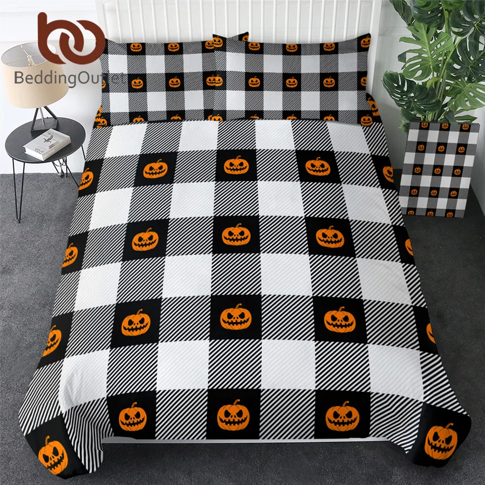 BeddingOutlet Halloween Bedding Sets Tartan Duvet Cover Scottish Pattern Bed Cover Set Queen Size Pumpkins Bedclothes Drop Ship