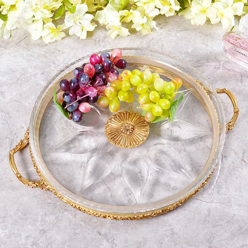 European Crystal Storage Tray Brass Frame Decor Cosmetic Container Living Room Desktop Fruit Organizer Home Decoration Ornaments