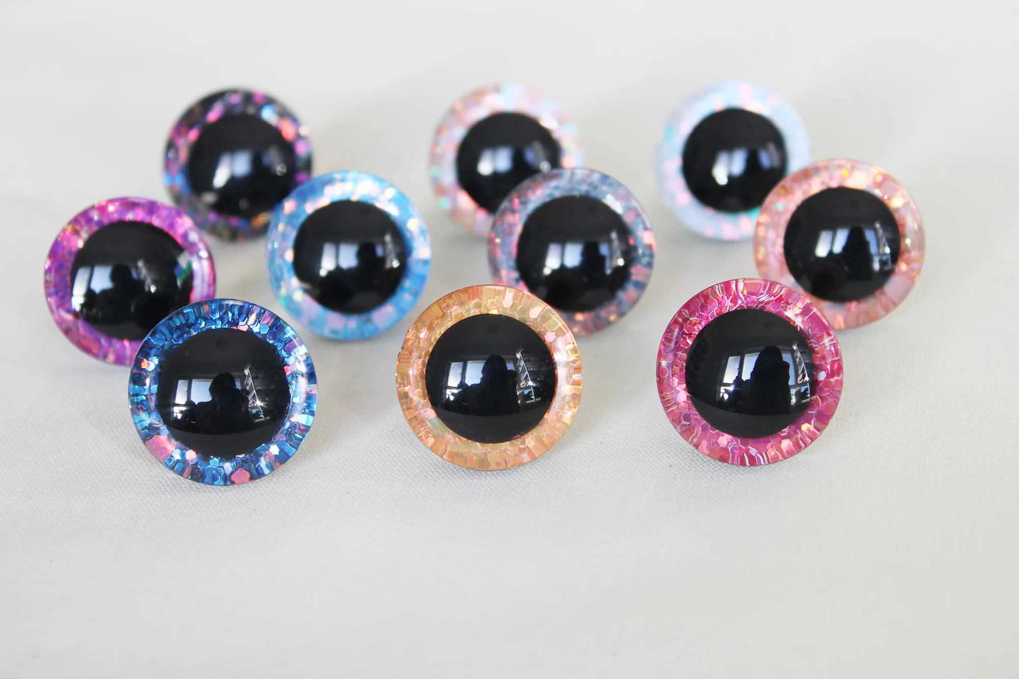 10 Farben gemischte, klare, bunte Sicherheitsaugen, 25mm 30mm, 3D komische runde Glitzer-Spielzeugaugen mit harter Unterlegscheibe und Glitzer – Detail 34