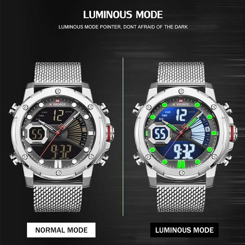 Business Watch NAVIFORCE Men\'s Watches Military LCD Digital Sports WristWatch Stainless Steel Strap Waterproof Quartz Clock Male