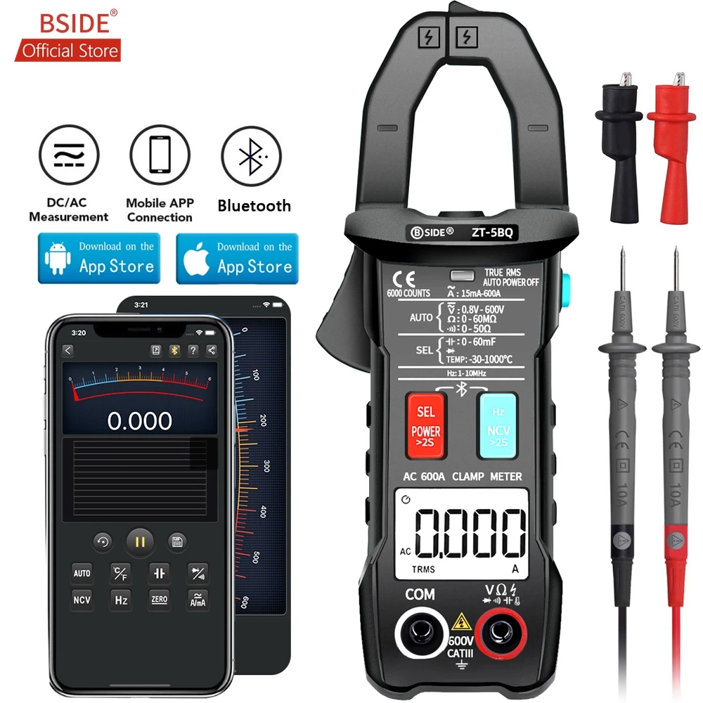 BSIDE ZT-5BQ Wireless Clamp Meter Digital Technology Smart Multimeter True RMS Voltmeter Ammeter Auto Rang Capacitor NCV Tester