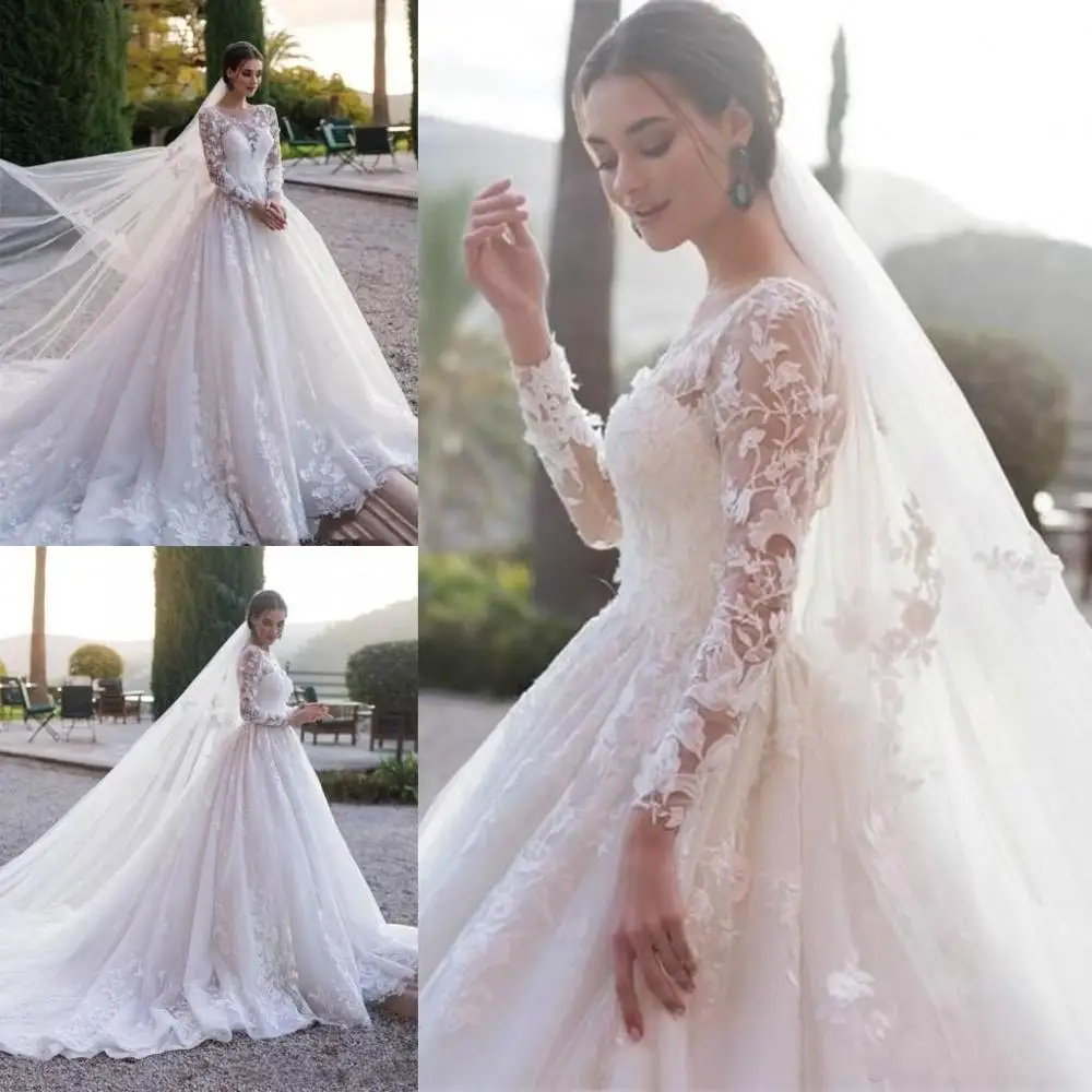 Robe de mariée en dentelle à manches longues, vêtement de cérémonie sur mesure pour musulman arabe