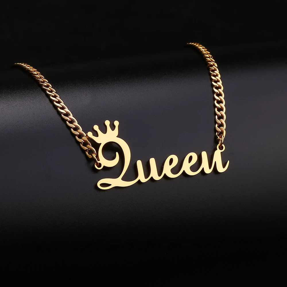 DOREMI Personalized Custom Gold Color Stainless Steel Name Necklace Pendant Nameplate Necklace With 3mm Cuban Chain