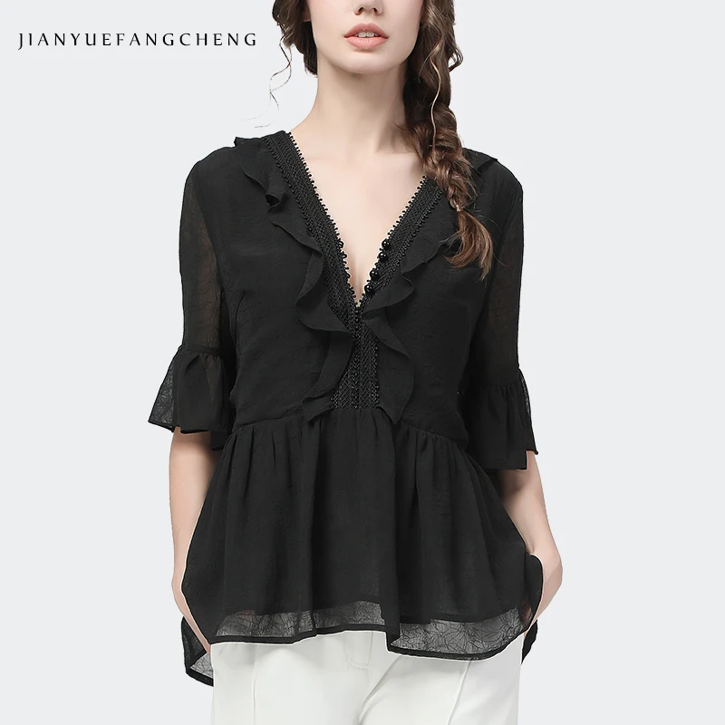 Sexy Deep V-Neck Beaded Chiffon Blouse Women Summer Loose Plus Size Belly Covered Ruffle Black Tops Elegant Casual Vintage Shirt