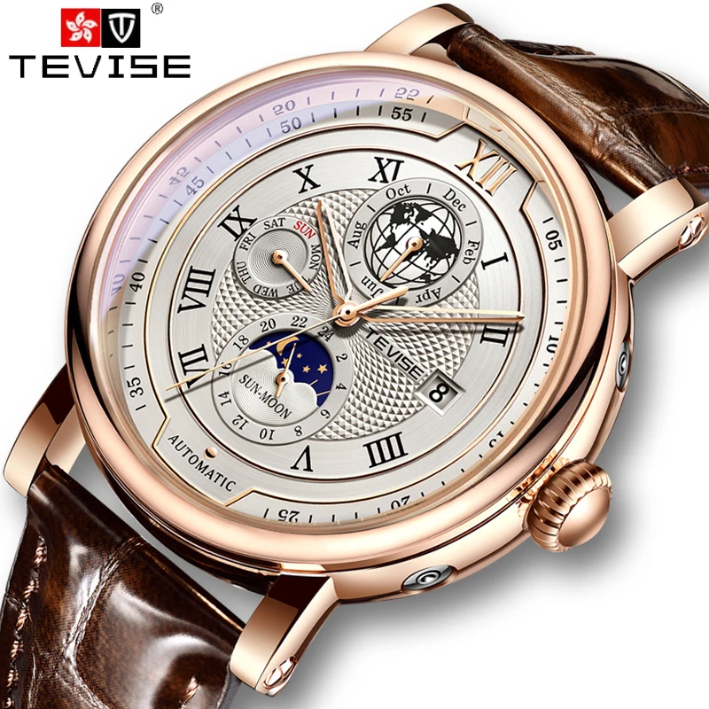 

2023 TEVISE Business Waterproof Mens Mechanical Watches Top Brand Luxury Leather Watch For Men Moon Phase Automatic Wristwatch