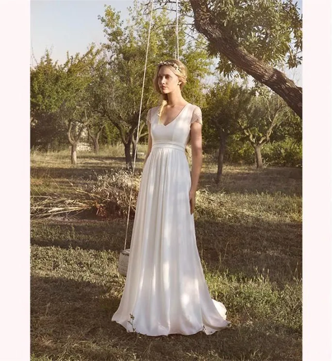 Vestido De Noiva 2019 Summer White Chiffon Bridal Wedding Dress Boho Lace Beach Wedding Dresses Long Tulle Simple Wedding Gowns