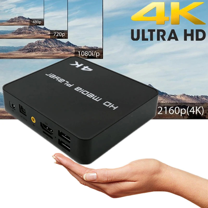 Мультимедийный плеер FULL HD 4K @ 60 Гц, HDD/USB-накопитель/карта TF с HD-MI/AV-выходом для HDTV/PPT MKV AVI MP4 H.265