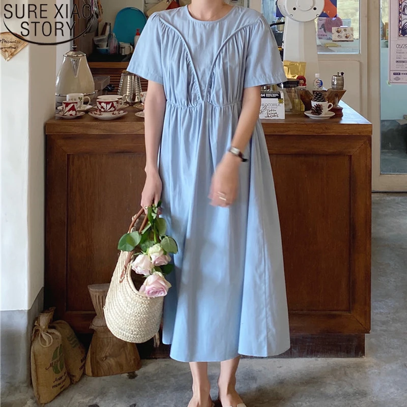 2022 Casual Summer Dress Women Fashion Long Dress Midi High Waist Korean Pleated Round Collar Blue Dresses Loose Vestidos 14034