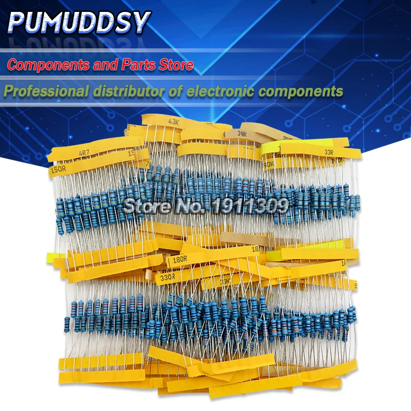 1100pcs/lot 1/2W 1M Metal Film Resistor Assorted Kit 1R/2.2R/3.3R/4.7R/100R/100K/470K/10M/1M/2M ohms Metal Film Resistors Set